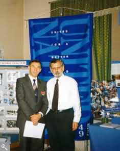 Exhibition of the Museum of Peacekeeping Operations at the UN Information Center in Moscow in October, 1995. Valery Guerguel (UNMO 1973-1976), director of the Museum (left) and Samir El-Jijakly, Director UNIC Moscow (right)